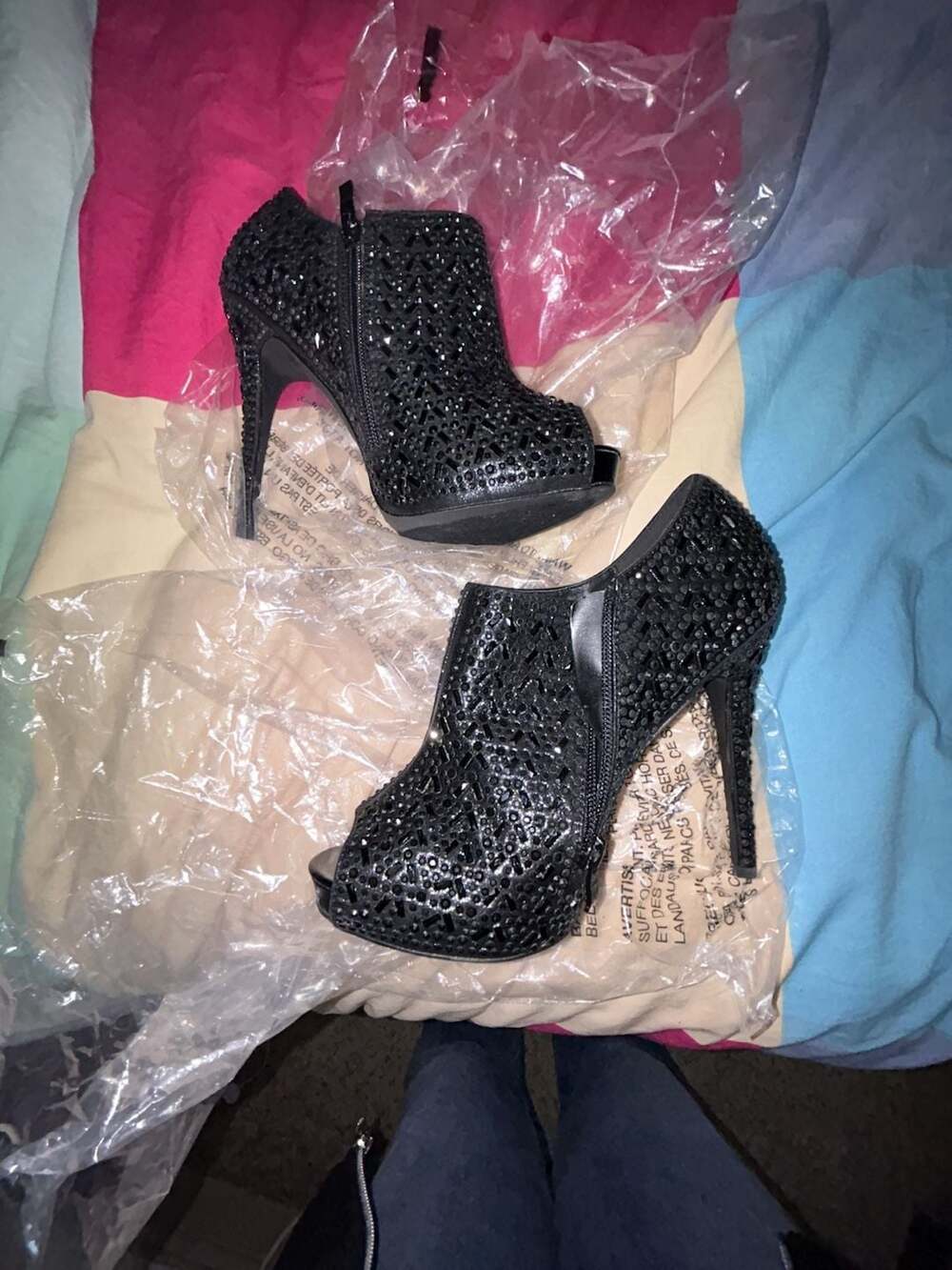 Lauren Lorraine Black Rhinestone Peep Toe Stiletto Ankle Boots